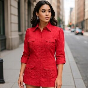 Bebe Utility Tunic Shirt Belle Pink Button-Front Stretch Poplin Blouse Size S